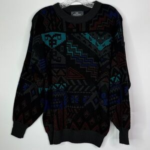 Vintage Sir Willaim Aztec Arcylic Black Blue Sweater Size Large 80s Korea